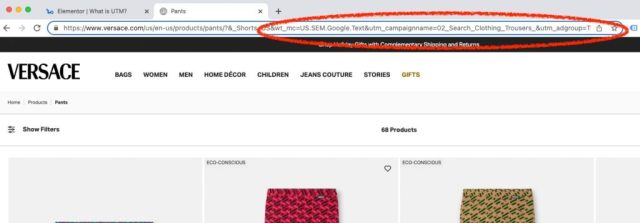 UTM tracking string example from Versace's website